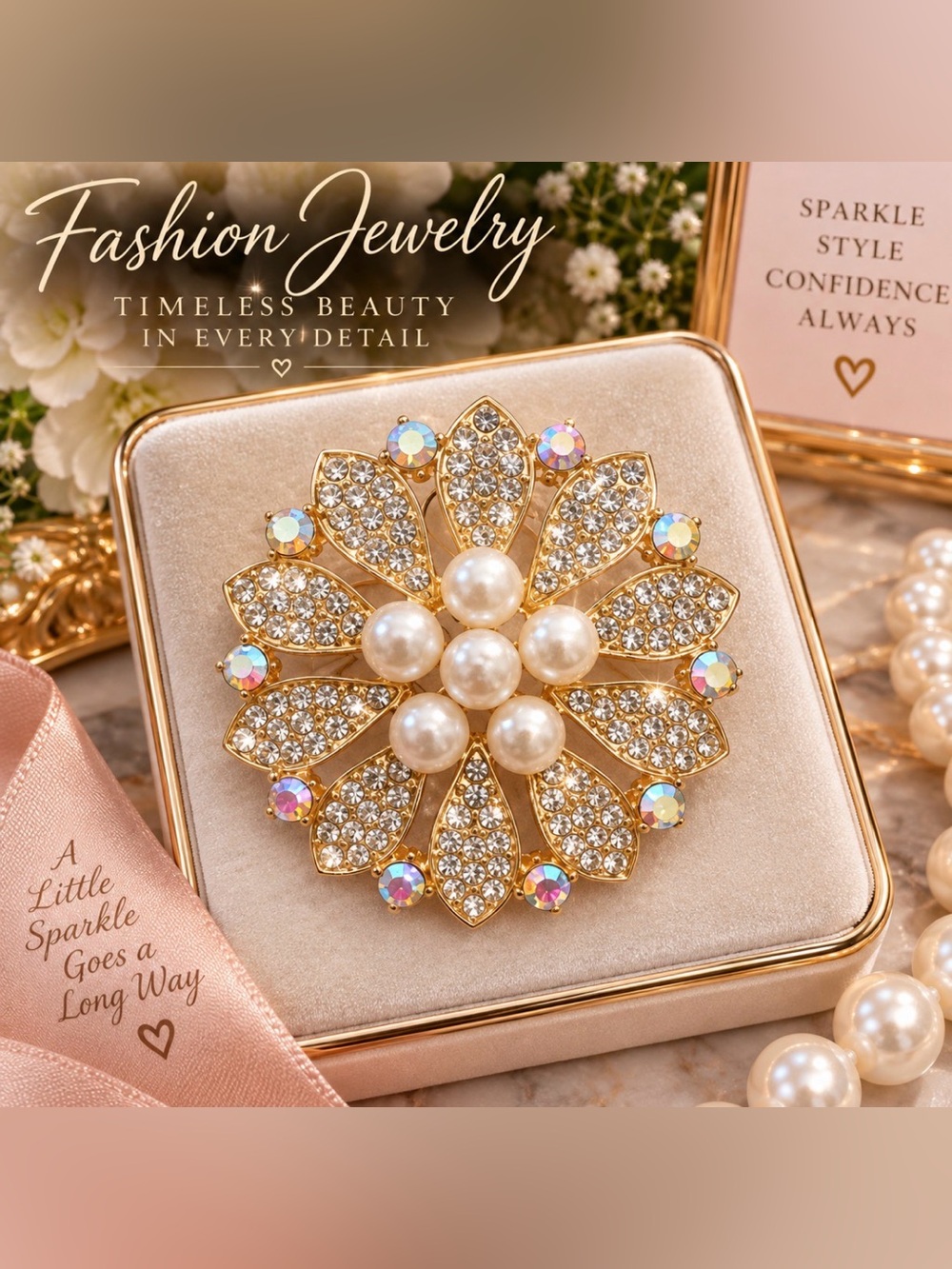 Classic Gold Pearl & Crystal Flower Brooch – Elegant Women's Jewelry
